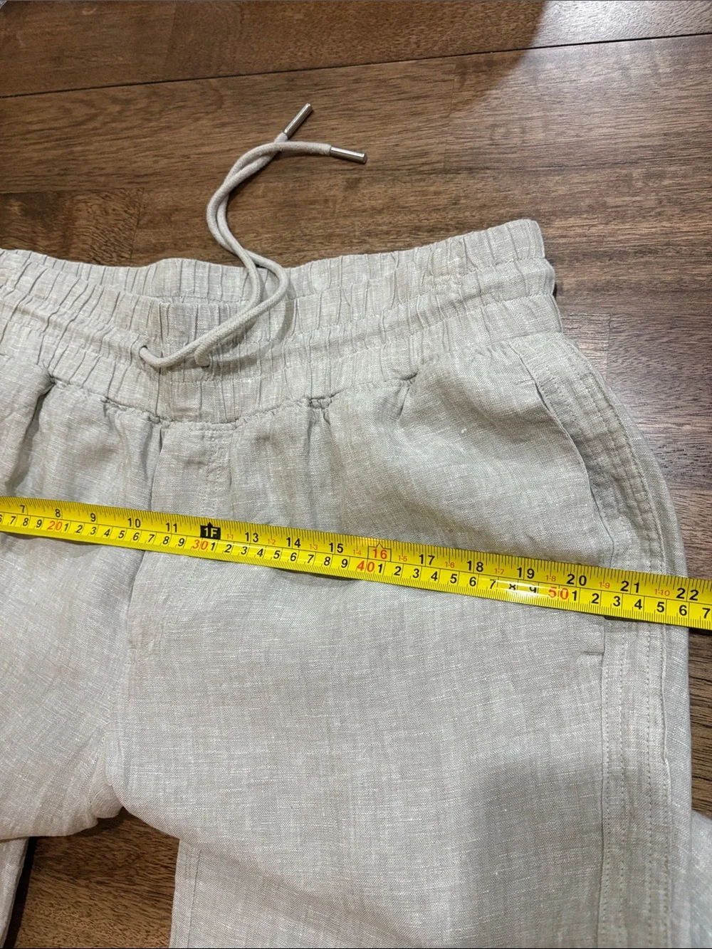 Tan Quince European Linen Wide Leg Pants. Large. Drawstring waist
